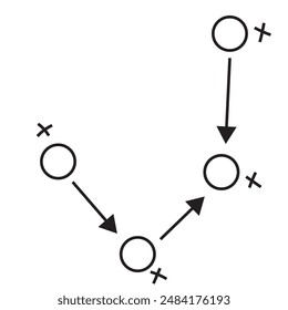 Sports tactics and strategy. Scheme of movement of team player. Combination of crosses and circles with path arrows. Pitch ball instructions.