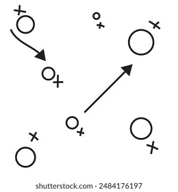 Sports tactics and strategy. Scheme of movement of team player. Combination of crosses and circles with path arrows. Pitch ball instructions.