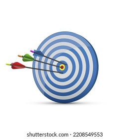 Sports target with arrows in center realistic vector illustration. Success achievement aim hitting darts game accuracy victory win shooting in bullseye. Successful business marketing strategy concept