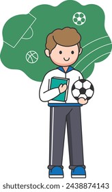 sports teacher carrying books and soccer ball in hand