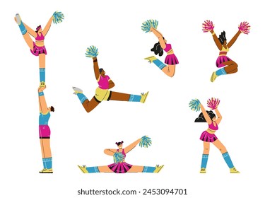 Sports team cheerleaders perform team spirit, cheering and motivate the crowd, characters set of cartoon flat vector illustrations isolated on white background.