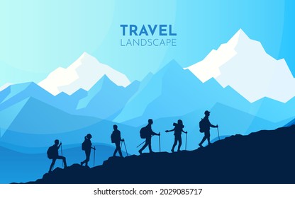 Sports team climb a mountain. Cooperation. Travel concept of discovering, exploring, observing nature. Hiking tourism. Adventure. Minimalist graphic flyers. Polygonal flat design. Vector illustration