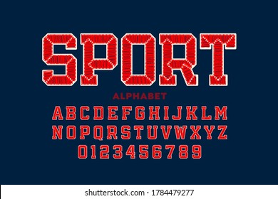 Sports team embroidery style font, alphabet letters and numbers vector illustration