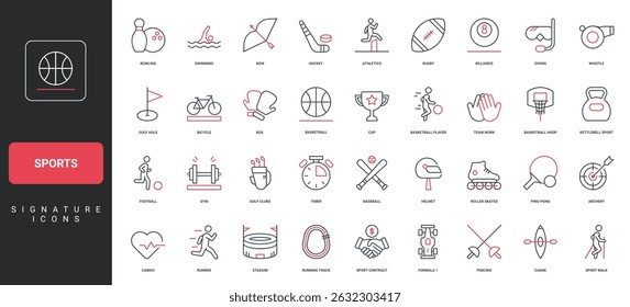 Sports, team game competition and physical exercise in gym, trophy cup line icon set. Boxing and basketball, baseball and hockey, golf, jogging thin black and red outline symbols vector illustration