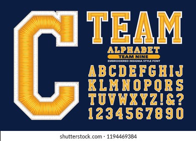 A Sports Team Insignia Or Logo Style Alphabet. This Font Has A 3d Embroidered Thread Effect.