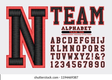 A sports team insignia or logo style alphabet. This font has a 3d embroidered thread effect.