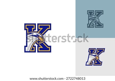 Sports Team Logo with K Initial and Eagle Icon Inspired by American Colleges. Isolated on white background.