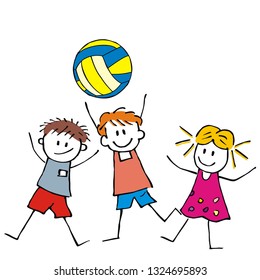 Sports team, three happy kids , volleyball, vector icon. Two boys and one girls with ball. Funny vector illustration.