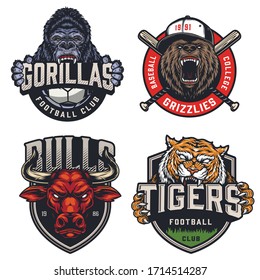 Sportmannschaften bunte Embleme setzen sich mit wilden gorilla grizzly red bull tiger Maskottchen auf Fußball und Crossbaseball Clubs im Vintage-Stil einzelne Vektorillustration Illustration