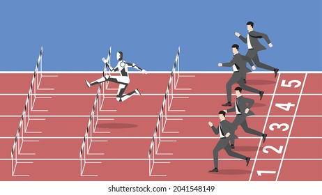 Sports technology concept. The faster robot leader jumping overcomes obstacles by running faster, better start and automation system. The loser in competition is a slower athlete sports person.