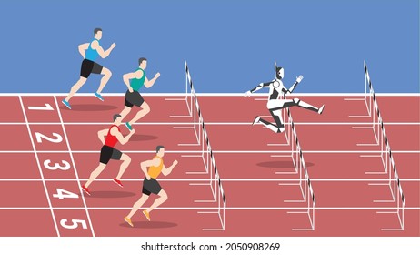 Sports technology concept. The faster robot leader jumping overcomes obstacles by running faster, better start and automation system. The loser in competition is a slower athlete sports person.