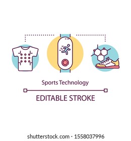 Sports technology concept icon. Products for fitness. Equipment for athletes. Comfortable clothes, shoes, workout control idea thin line illustration. Vector isolated outline drawing. Editable stroke