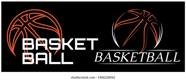 Sports template with basketball ball and lettering. Colored vector illustration. Black background. Elements for design of the brand team, business cards, site.