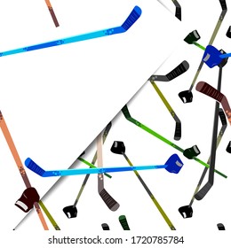 
Sports template for labels, photos, elements, notes, lists, etc. Bright 3d hockey sticks on a white background. Angle white sheet of paper. Poster, postcard, label, banner design.Vector illustration
