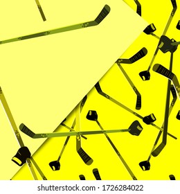 Sports template for labels, photos, elements, notes, lists, etc. Bright 3d hockey sticks on a yellow background. Angle yellow sheet of paper. Poster, postcard, label, banner design.Vector illustration