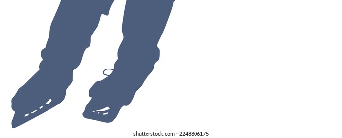Sports template with a silhouette of skates in a muted dark blue shade on a white background. Horizontal hockey illustration with space for text, promotions, advertising, promotions, etc.