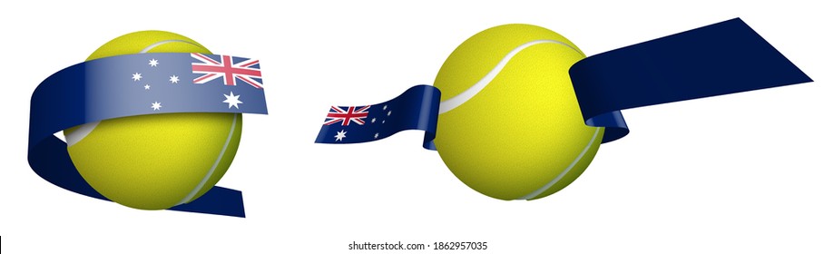 pelota de tenis deportiva en cintas con colores bandera australiana. Elemento de diseño para competencias de tenis. Competencias mundiales de tenis. Vector aislado sobre fondo blanco