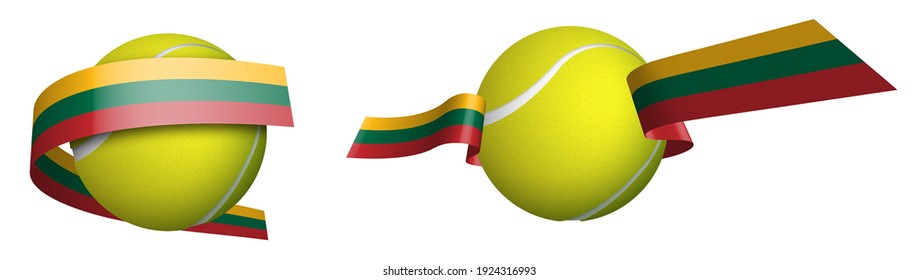 sports tennis ball in ribbons with colors of Lithuania flag. Isolated vector on white background