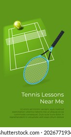 Clases de tenis deportivas cerca de mí, aprendiendo a jugar. Equipamiento y corte. Campo con red, bola y raqueta para el jugador. Educación y mejora. Lecciones y cursos, carteles con vector de información