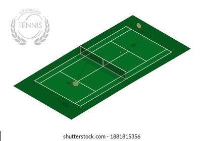 sports tennis court with rackets and ball. Active lifestyle. Isometric vector