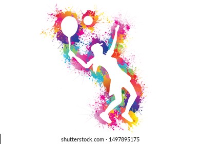 Sports. Tennis logo design. Colorful paint drops ink splashes. Icon, Exercise, Symbol, Silhouette. Vector illustration.