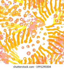 Sports Textile. Fashion Concept. Distress Print. Yellow, Orange Illustration. Summer Surface Textile. Ink Stains. Spray Paint. Splash Blots. Artistic Creative Vector Background.