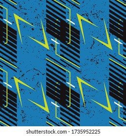 Sports textile modern. Abstract geometric seamless pattern with, halftone stripes. Extreme sport style illustration. Trendy Urban colorful backdrop. Grunge Vector bright print for fabric.