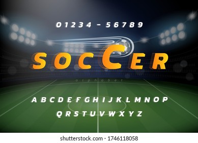 Sports theme Alphabet font set with  numbers on soccer stadium background