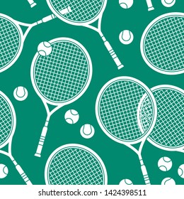 Sports theme seamless pattern.  White silhouettes of tennis rackets and balls.