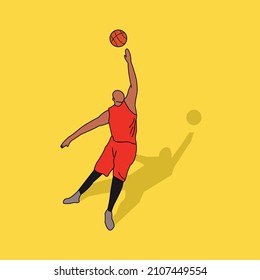 sports themed vector, a man wearing an orange t-shirt is playing basketball,