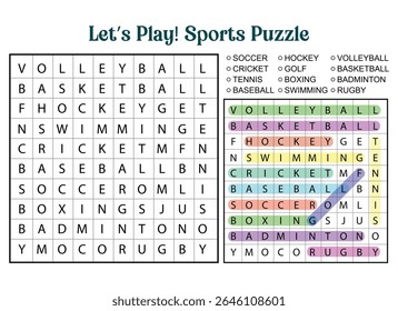 Sports themed word search puzzle featuring sports like volleyball, basketball, hockey, swimming, cricket, baseball, soccer, boxing, badminton, and rugby.