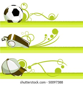 sports themes, objects as blanks. The ball, whistle and cap lying in the grass