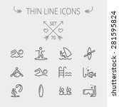 Sports thin line icon set for web and mobile. Set includes- wind surfing, pool, swimming, surfboarding, kayak, wind surf, snorkeling, fishing icons. Modern minimalistic flat design. Vector dark grey