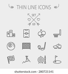 Sports thin line icon set for web and mobile. Set includes-soccer field, soccer shoes, golf flag, target and arrow, ping-pong, podium, skiing icons. Modern minimalistic flat design. Vector dark grey