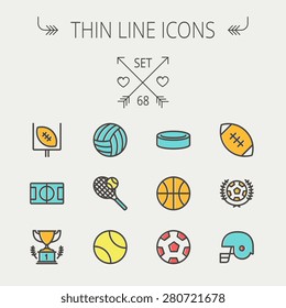 Sports thin line icon set for web and mobile. Set includes - volleyball, basketball, hockey puck, tennis, soccer, football, trophy, helmet  icons. Modern minimalistic flat design. Vector icon with