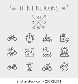 Sports thin line icon set for web and mobile. Set includes- stopwatch, skatboeard, bicycle, mountain bike, motorbike, roller skate, heart and time, winners icons. Modern minimalistic flat design