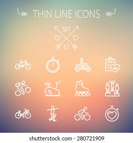 Sports thin line icon set for web and mobile. Set includes- stopwatch, skatboeard, bicycle, mountain bike, motorbike, roller skate, heart and time, winners icons. Modern minimalistic flat design