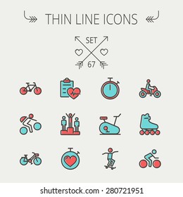 Sports thin line icon set for web and mobile. Set includes -stopwatch, skatboeard, bicycle, mountain bike, motorbike, roller skate, heart and time, winners  icons. Modern minimalistic flat design