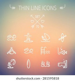 Sports thin line icon set for web and mobile. Set includes- wind surfing, pool, swimming, surfboarding, kayak, wind surf, snorkeling, fishing icons. Modern minimalistic flat design. Vector white icon
