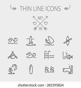Sports thin line icon set for web and mobile. Set includes- wind surfing, pool, swimming, surfboarding, kayak, wind surf, snorkeling, fishing icons. Modern minimalistic flat design. Vector dark grey