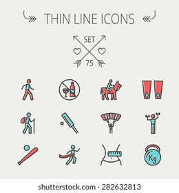 Sports thin line icon set for web and mobile. Set includes -walking exercise, hiking, baseball bat and ball, cricket game, skydiving, flippers icons. Modern minimalistic flat design. Vector icon with