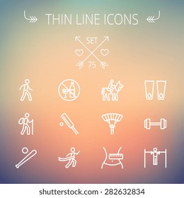 Sports thin line icon set for web and mobile. Set includes- walking exercise, hiking, baseball bat and ball, cricket game, skydiving, flippers icons. Modern minimalistic flat design. Vector white icon