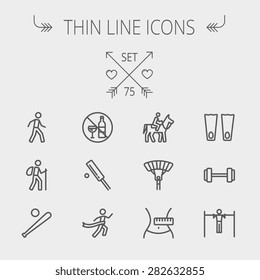 Sports thin line icon set for web and mobile. Set includes- walking exercise, hiking, baseball bat and ball, cricket game, skydiving, flippers icons. Modern minimalistic flat design. Vector dark grey