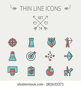 Sports thin line icon set for web and mobile. Set includes -chess rook, target board, crosshair, shuttlecock, basketball hoop, bowling pins, stopwatch, archery, bow and arrow, horse riding icons