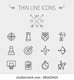 Sports thin line icon set for web and mobile. Set includes- chess rook, target board, crosshair, shuttlecock, basketball hoop, bowling pins, stopwatch, archery, bow and arrow, horse riding icons