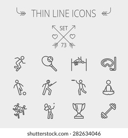 Sports Thin Line Icon Set For Web And Mobile. Set Includes- Fencing, Tennis Racket With Ball, Running, Soccer, Marathon, High Jump, Trophy, Yoga, Barbell, Flying Disc Icons. Modern Minimalistic Flat