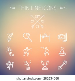 Sports thin line icon set for web and mobile. Set includes- fencing, tennis racket with ball, running, soccer, marathon, high jump, trophy, yoga, barbell, flying disc icons. Modern minimalistic flat