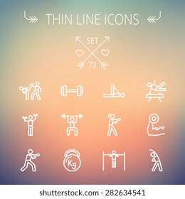 Sports thin line icon set for web and mobile. Set includes-dumbbell, weightlifting, karate, kettlebell, boxing, pull up exercise, gymnast, stretching icons. Modern minimalistic flat design. Vector