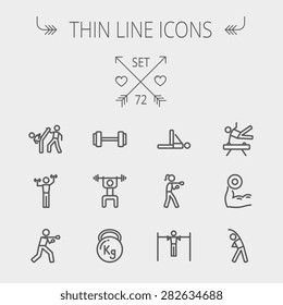 Sports thin line icon set for web and mobile. Set includes- dumbbell, weightlifting, karate, kettlebell, boxing, pull up exercise, gymnast, stretching icons. Modern minimalistic flat design. Vector