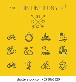 Sports thin line icon set for web and mobile. Set includes- stopwatch, skatboard, bicycle, mountain bike, motorbike, roller skate, heart and time, winners icons. Modern minimalistic flat design